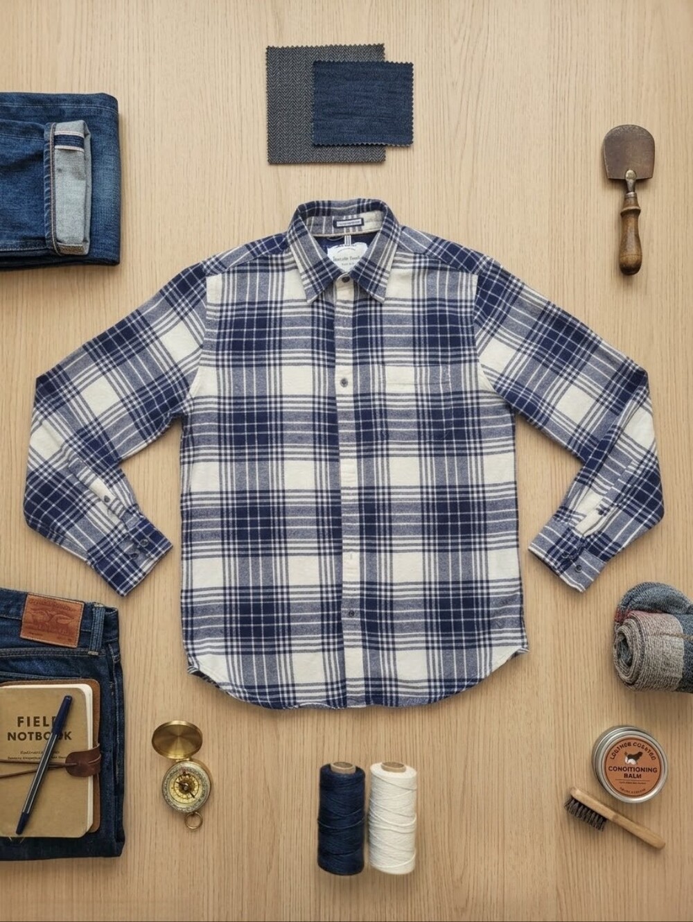 Denim & Flower Men's Plaid Cotton Flannel Shirt Slim Fit Medium Navy Blue Cream